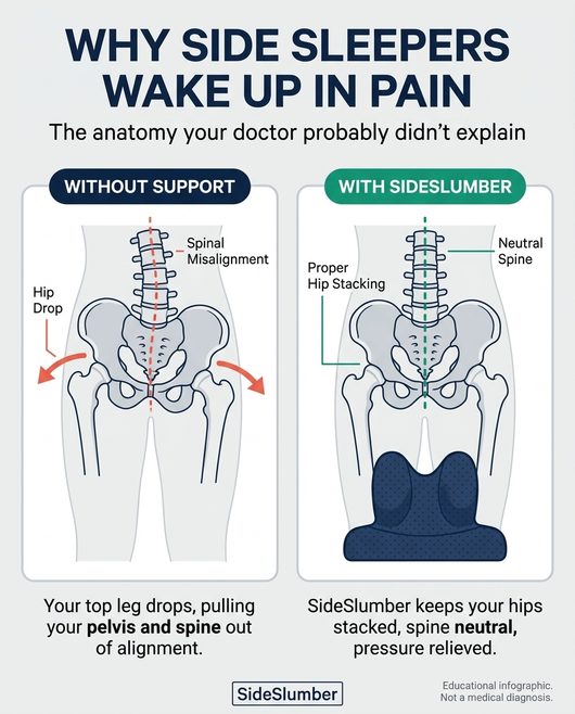 SideSlumber — Why side sleepers wake up in pain: pelvis anatomy diagram showing hip drop and spinal misalignment without support vs. proper hip stacking with SideSlumber